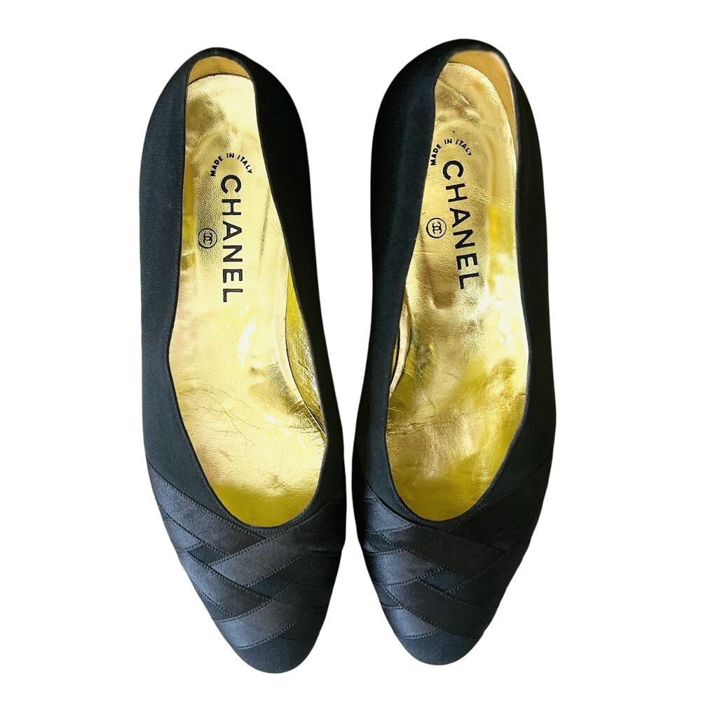 Vintage Chanel Black Satin Woven Ballet Flats Size 40 - 1980’s - 100% Authentic